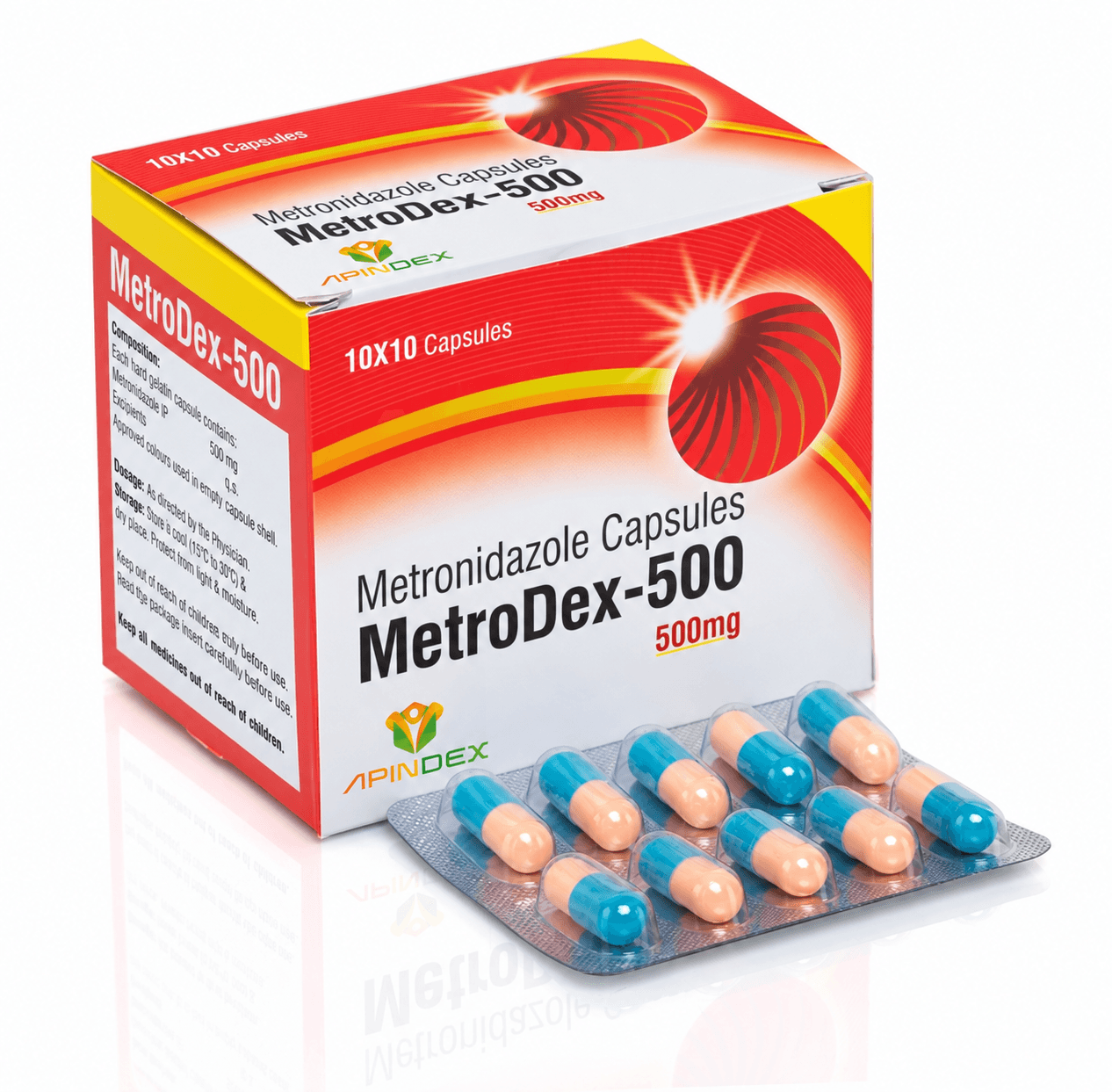 Apindex MetroDex-500 capsule packaging and blister pack