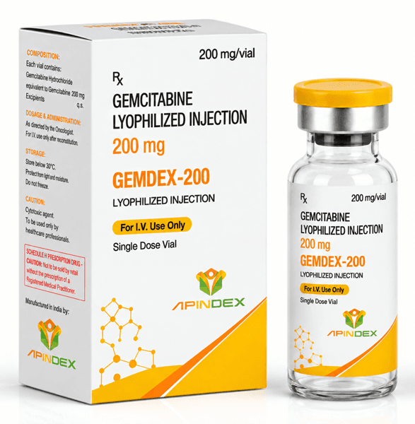 Apindex Gemdex-200 injection vial and packaging