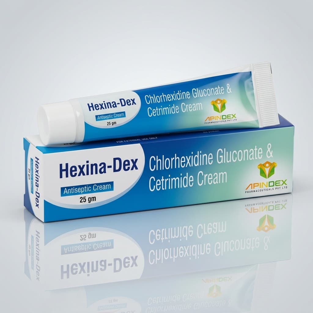 Apindex Hexina-Dex cream tube and packaging