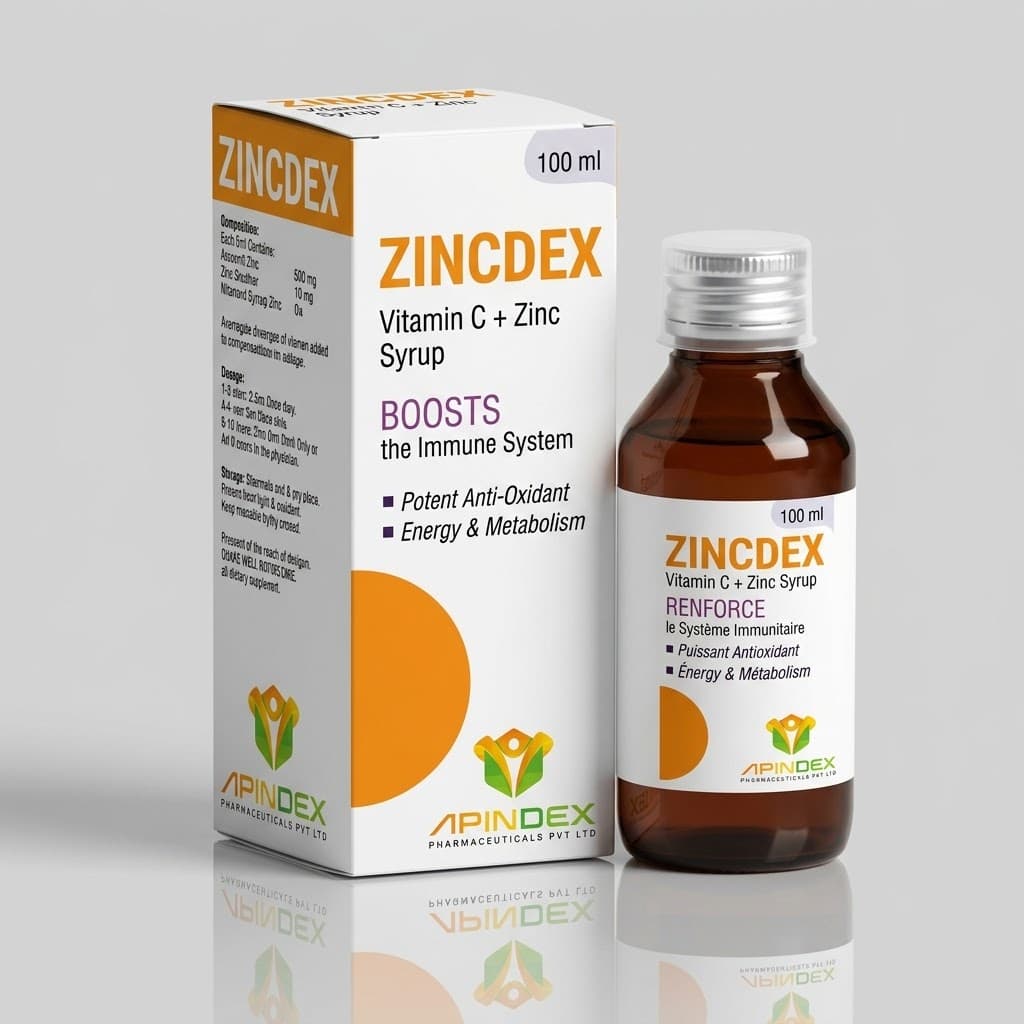 Apindex Zincdex syrup bottle and packaging