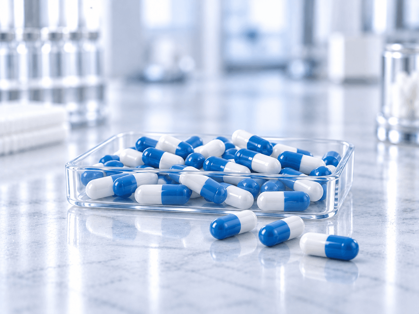 Blue and white capsules in a pharmaceutical production environment