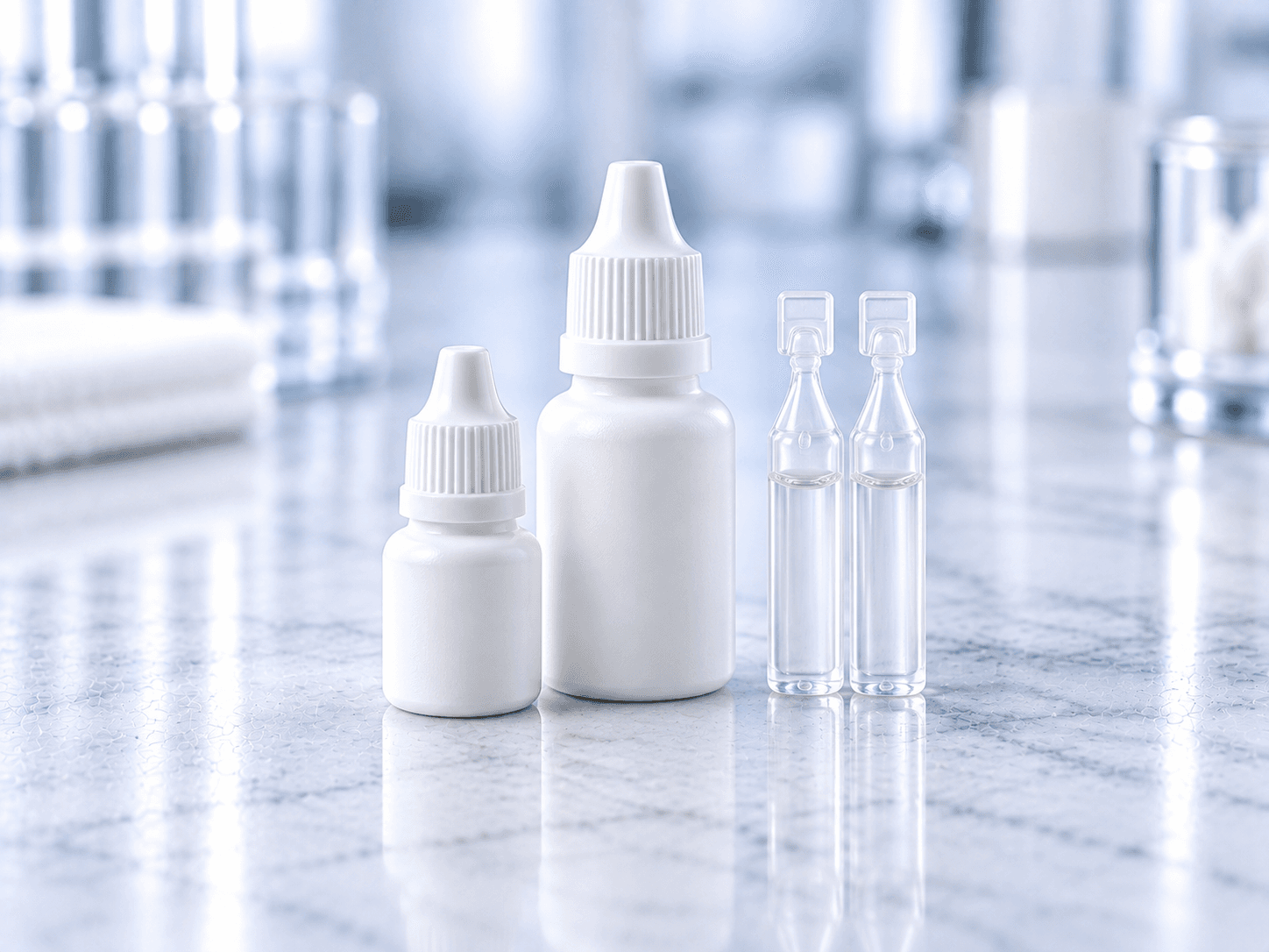 Unbranded eye and ear dropper bottles in a sterile filling area