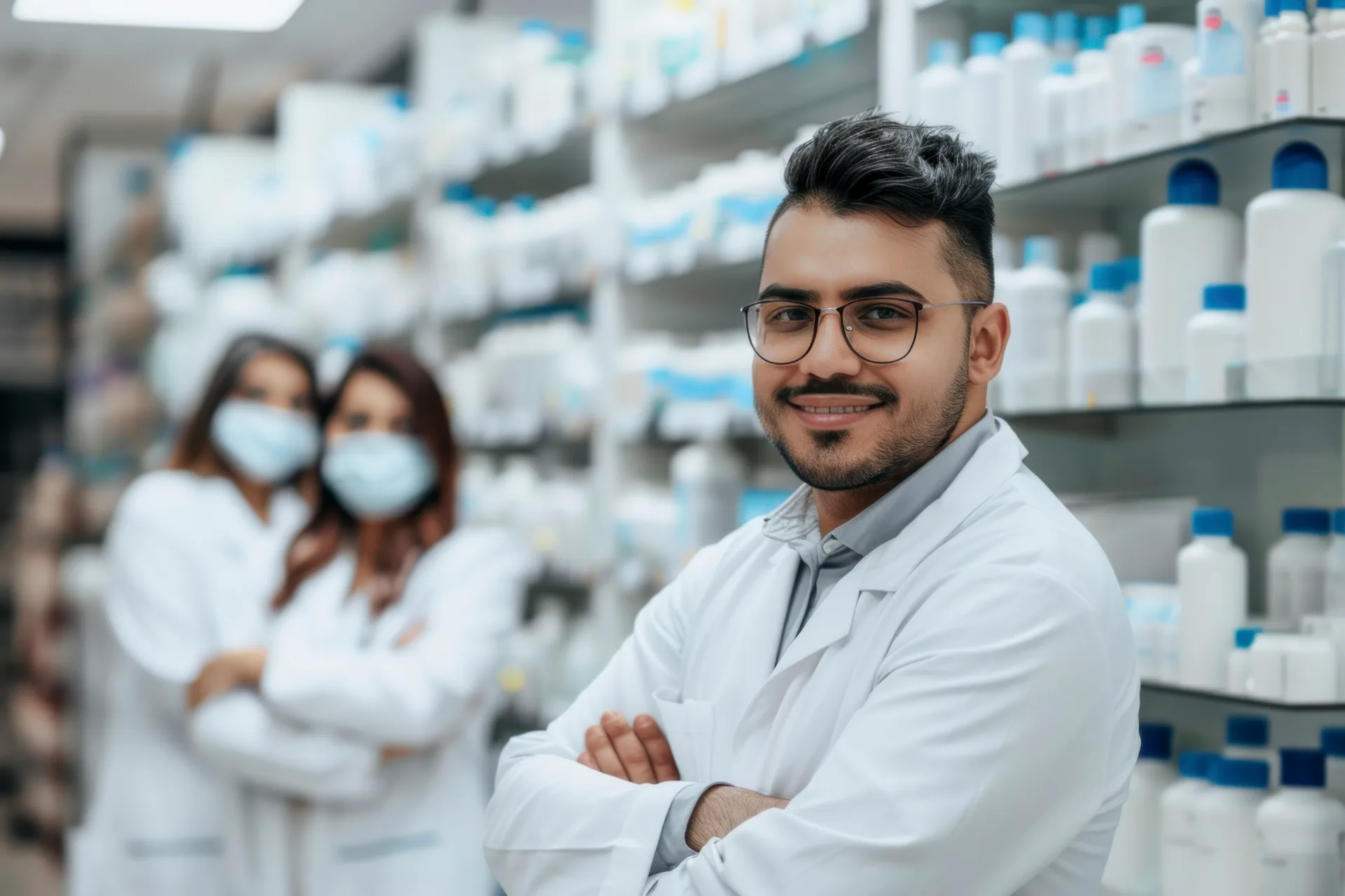 Pharmaceutical professionals working in a modern laboratory environment