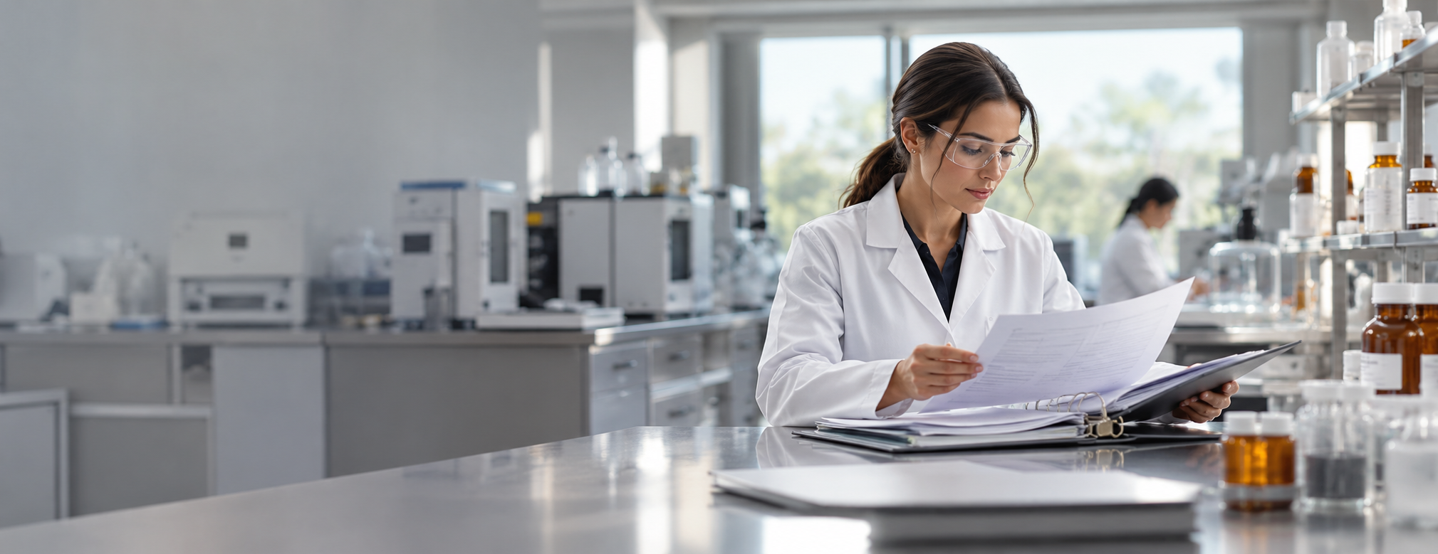 Pharmaceutical quality specialist reviewing product documentation in a laboratory