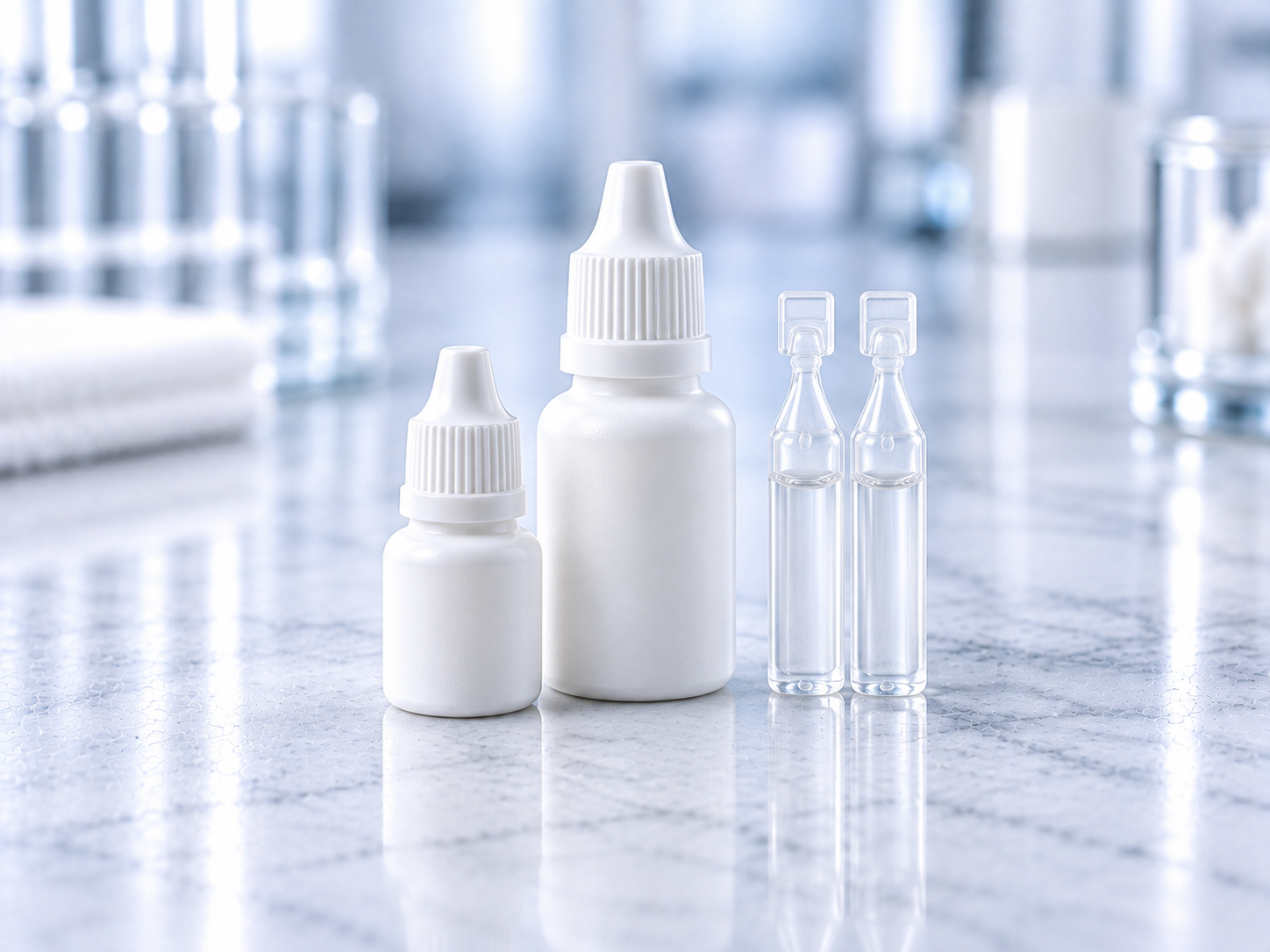 Unbranded eye and ear dropper bottles in a sterile filling area