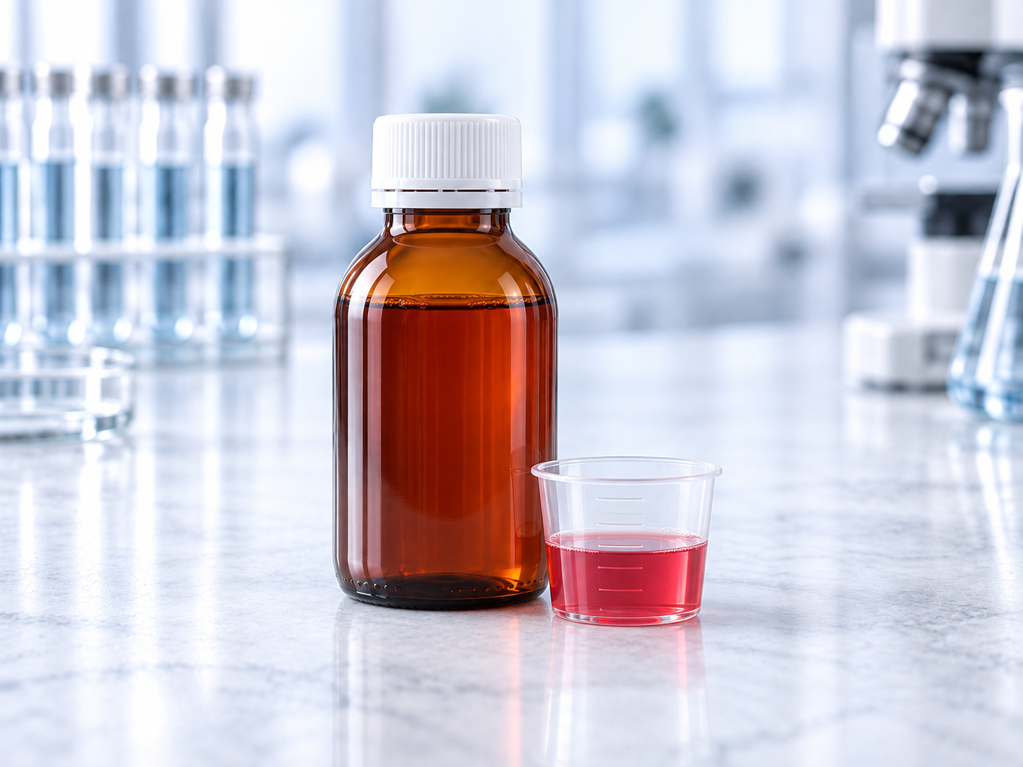 Unbranded liquid medicine bottles on a pharmaceutical filling line