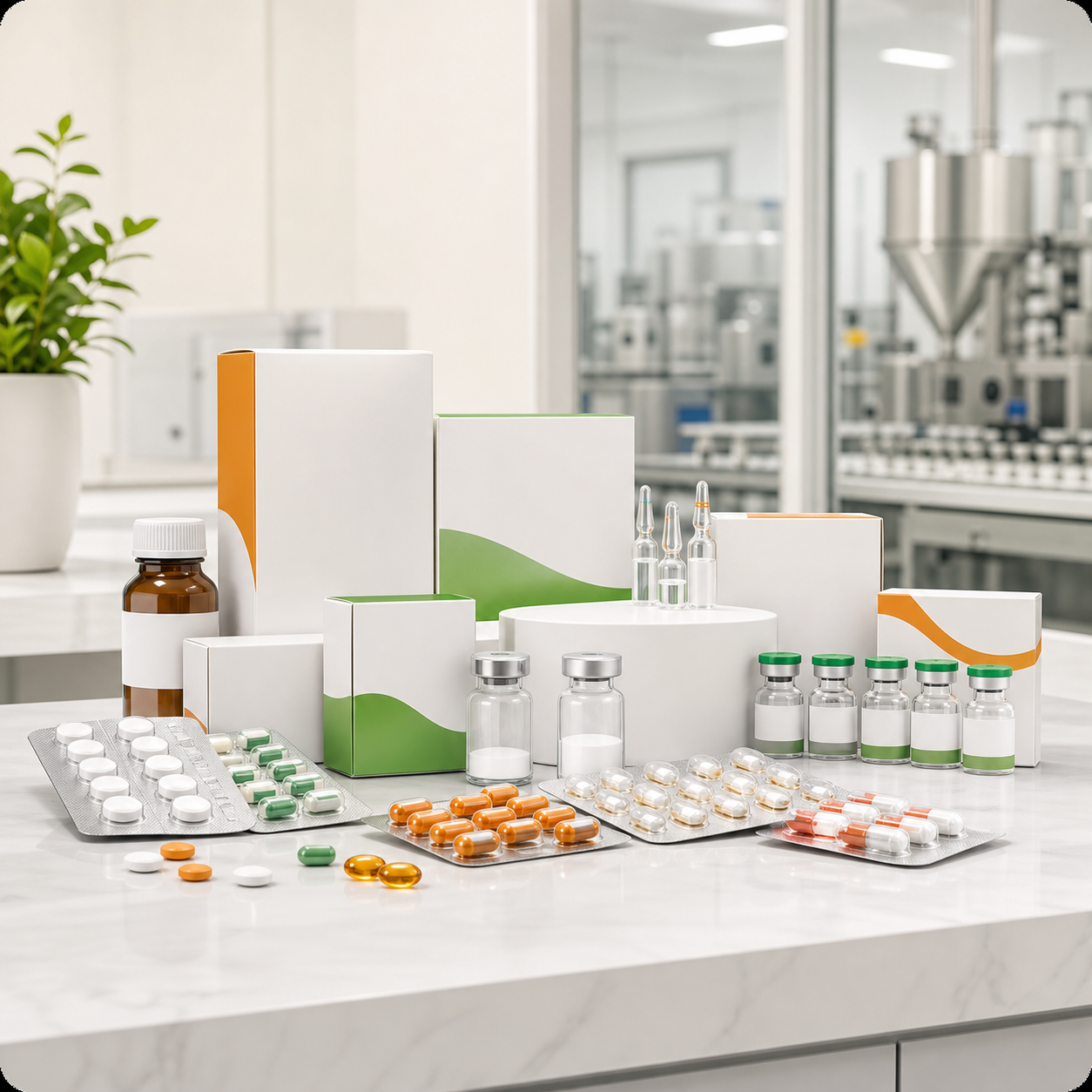 Pharmaceutical product portfolio with clean medicine packaging and laboratory equipment